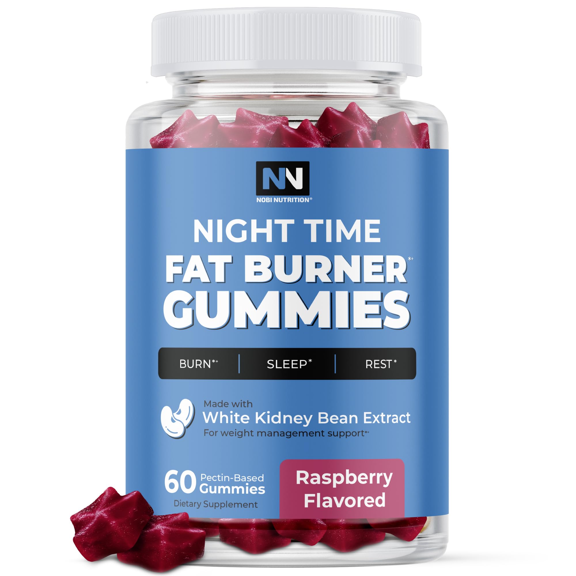 Nobi Nutrition Night Time Fat Burner gummies bottle promotes evening metabolism support.