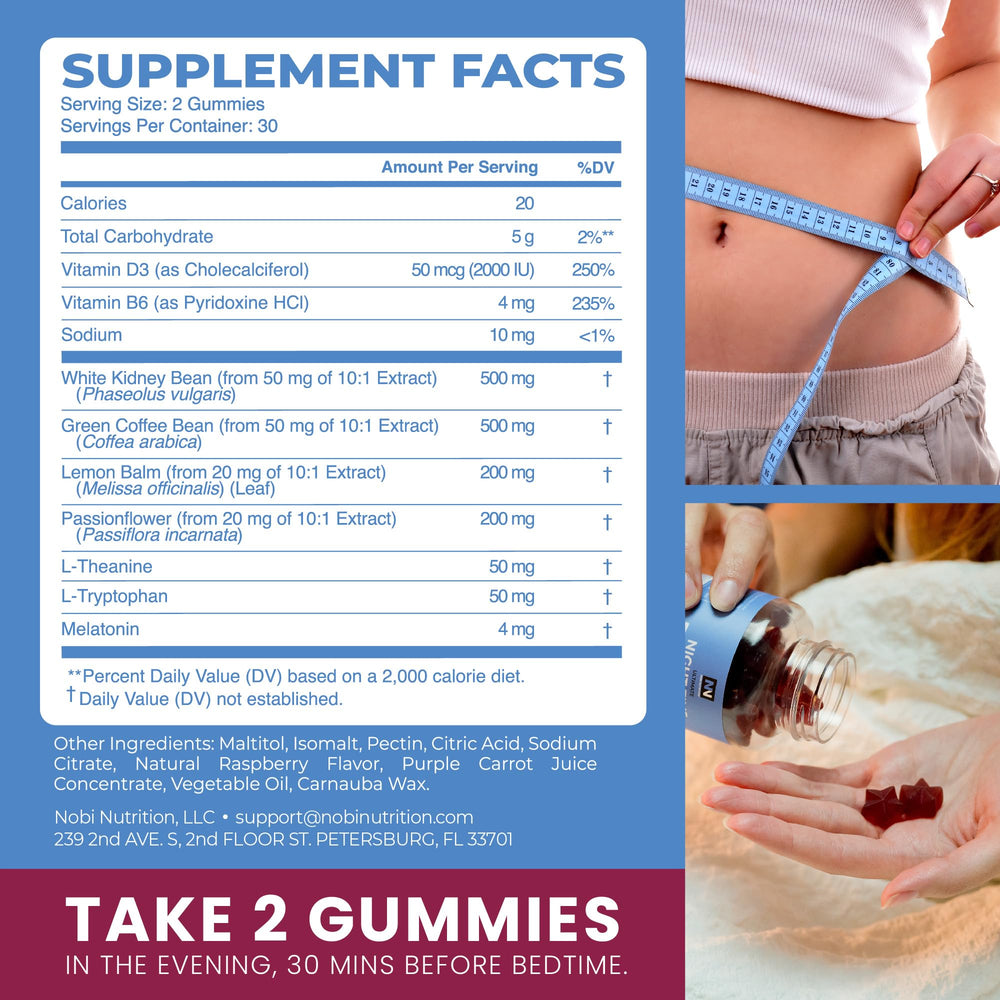 Nobi Night Time Fat Burner gummies feature green coffee bean imagery for energy use.