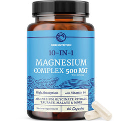 Nobi Nutrition 10 in 1 Magnesium bottle shows multi-form blend for broad mineral support.