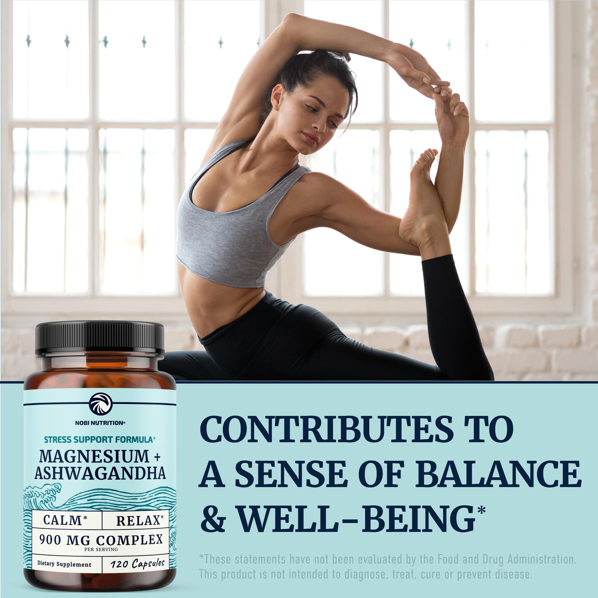 Nobi Nutrition Ashwagandha 500mg graphic showcasing calming adaptogen in action