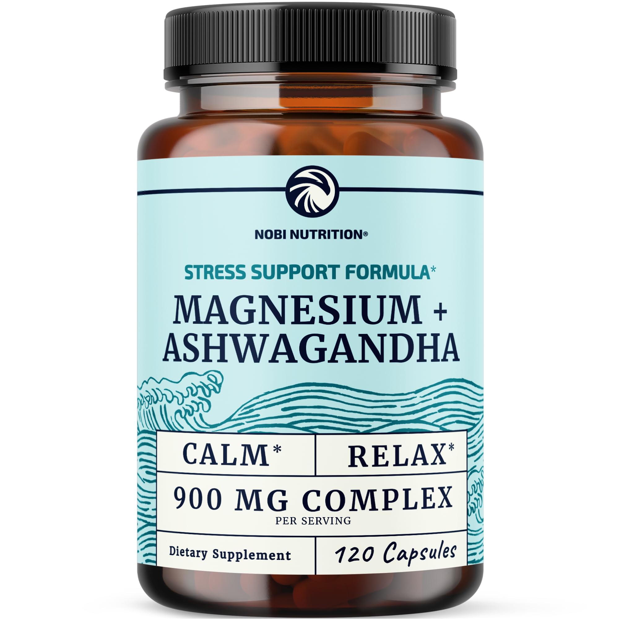 Nobi Nutrition Magnesium Ashwagandha bottle close-up for calm mood support