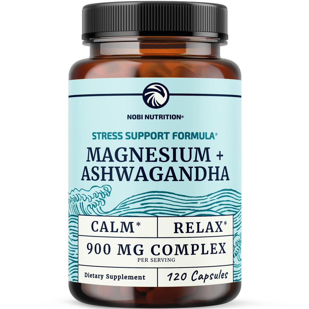 Nobi Nutrition Magnesium Ashwagandha bottle close-up for calm mood support