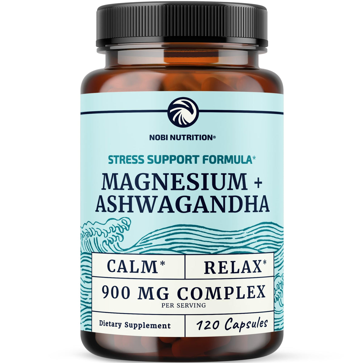 Nobi Nutrition Magnesium Ashwagandha bottle close-up for calm mood support