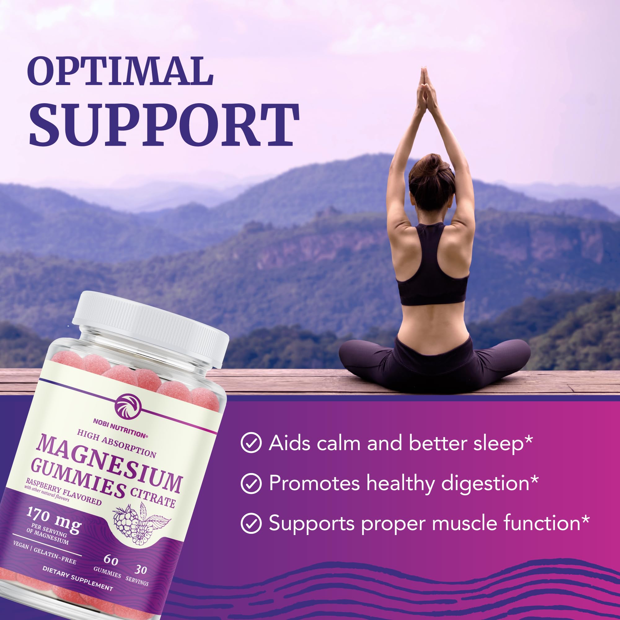 Nobi Nutrition gummies closeup emphasizes chewy texture and high absorption magnesium.