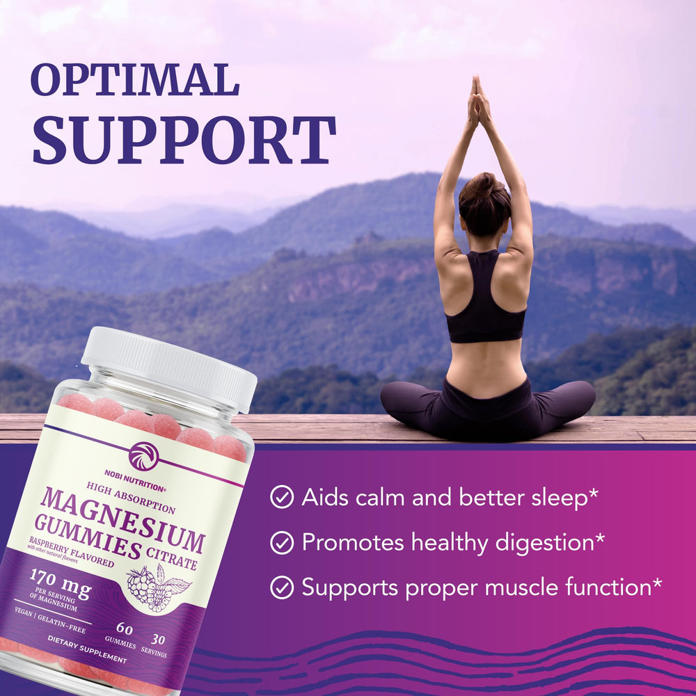 Nobi Nutrition gummies closeup emphasizes chewy texture and high absorption magnesium.