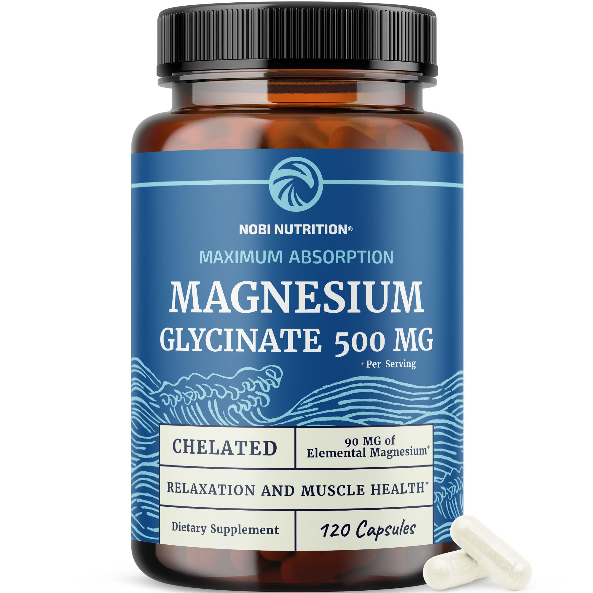 Nobi Nutrition Magnesium Glycinate 500mg bottle conveys high absorption and daily support.