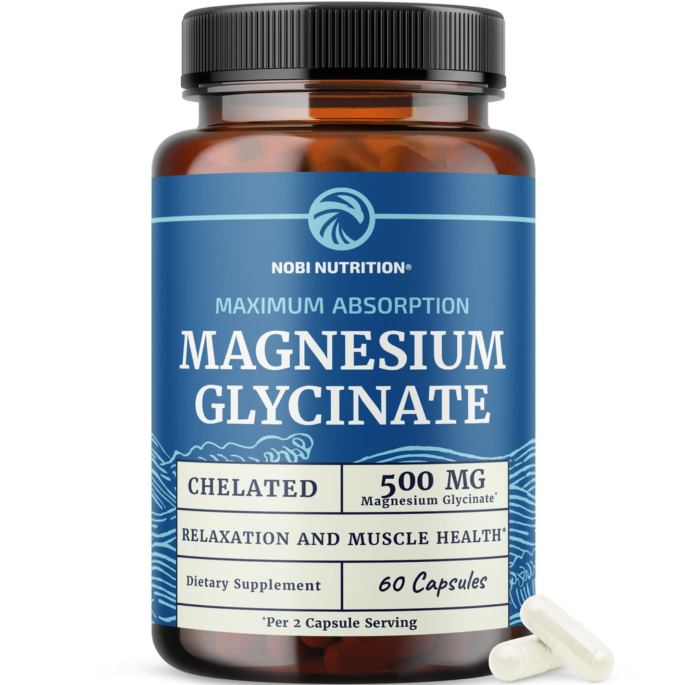 Nobi Nutrition magnesium glycinate bottle highlighting high absorption formula.