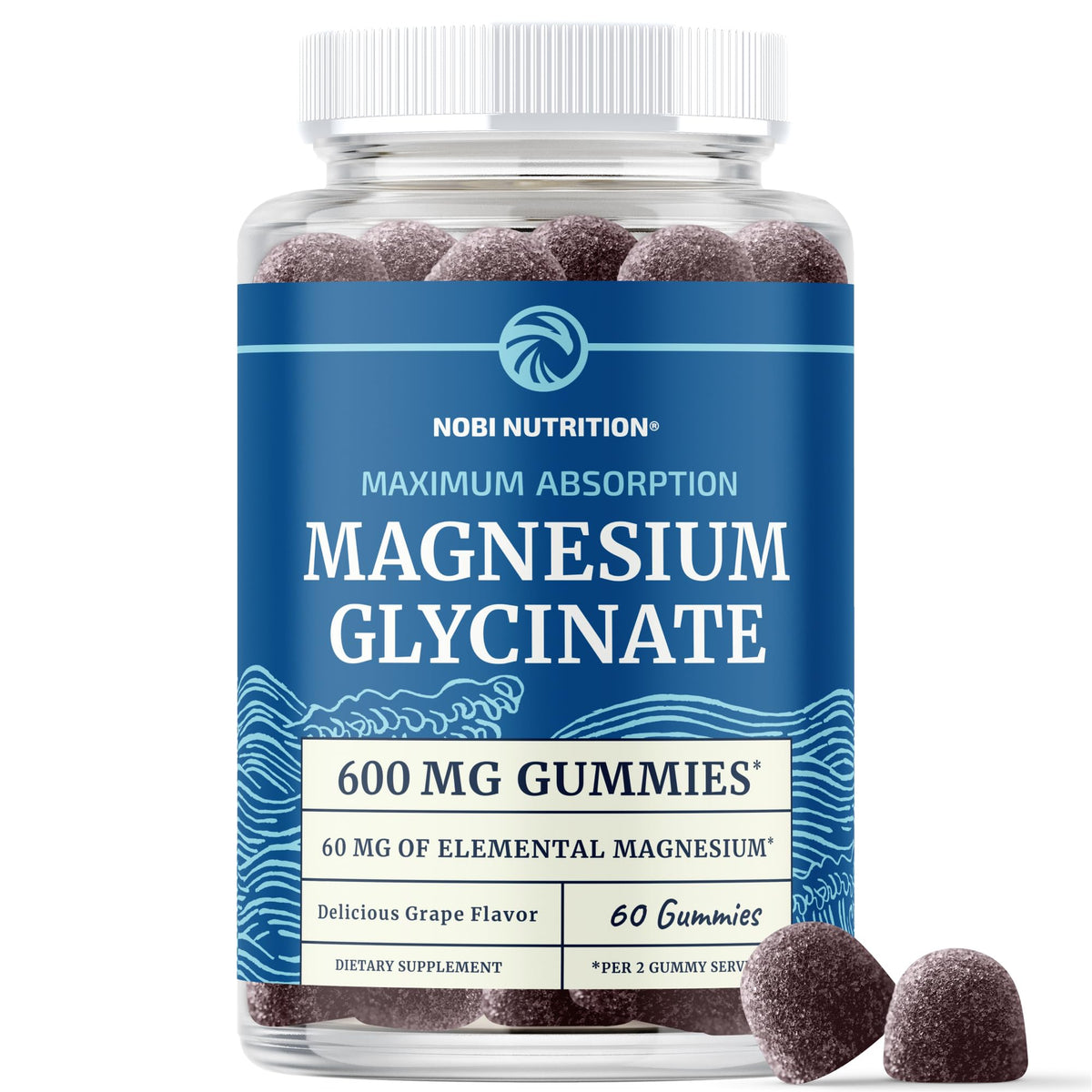 Nobi Nutrition Magnesium Glycinate Gummies 600mg bottle for daily relaxation support.