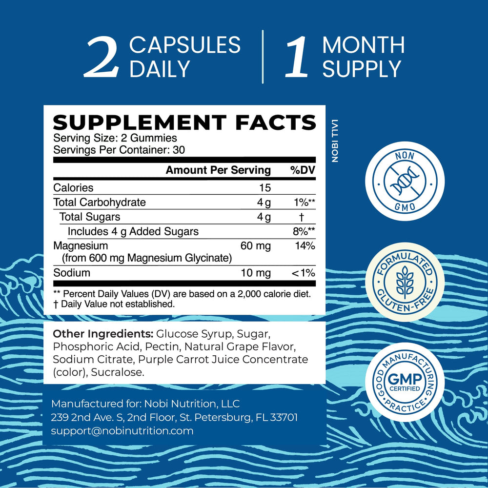 Nobi Nutrition Magnesium Glycinate Gummies gluten-free formula for gentle support.