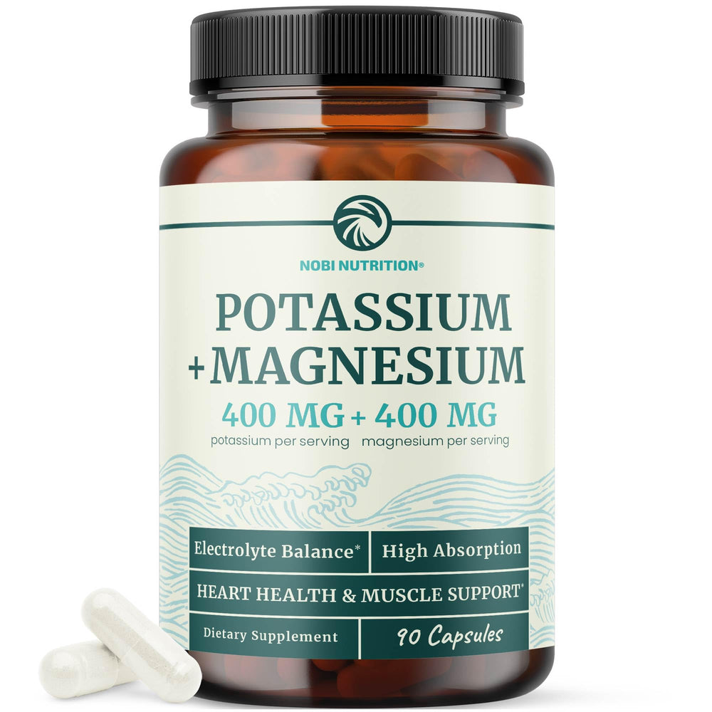 Nobi Nutrition potassium magnesium supplement bottle front showing compact size and design for electrolyte balance