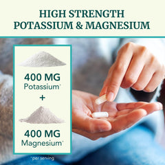 Close-up of Nobi Nutrition tablets highlighting 400 mg potassium and magnesium content
