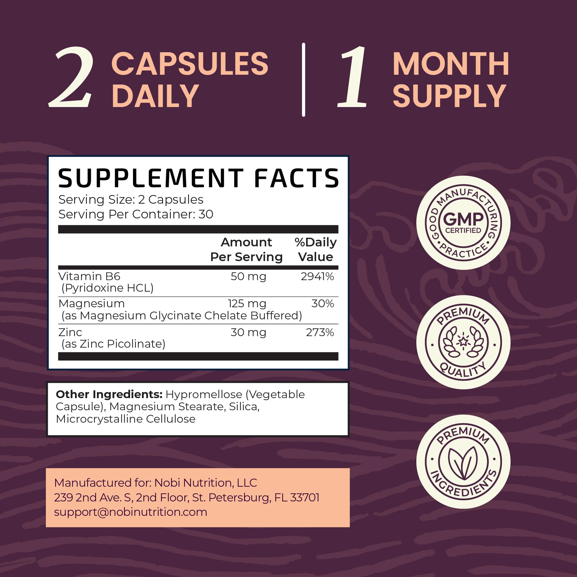 Nobi Nutrition Zinc Magnesium B6 label closeup highlighting nutrient blend