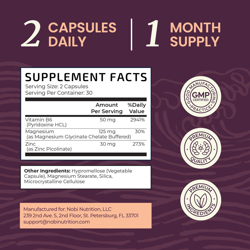 Nobi Nutrition Zinc Magnesium B6 label closeup highlighting nutrient blend