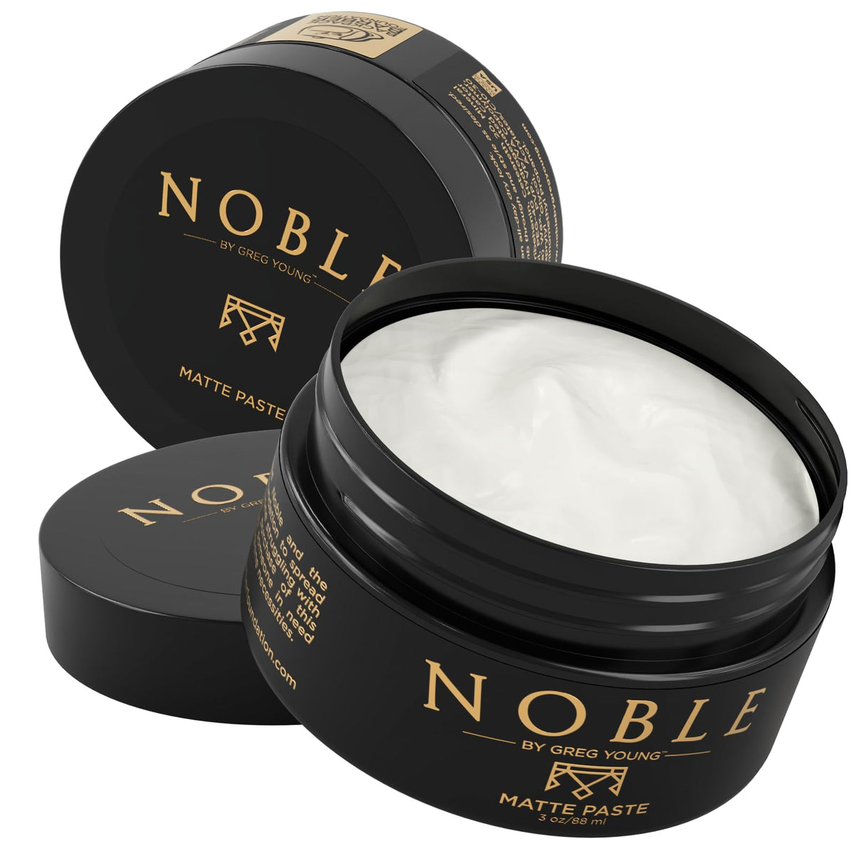 Noble By Greg Young matte hair paste bottle front showing strong hold and natural dry finish.