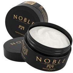Noble By Greg Young matte hair paste bottle front showing strong hold and natural dry finish.