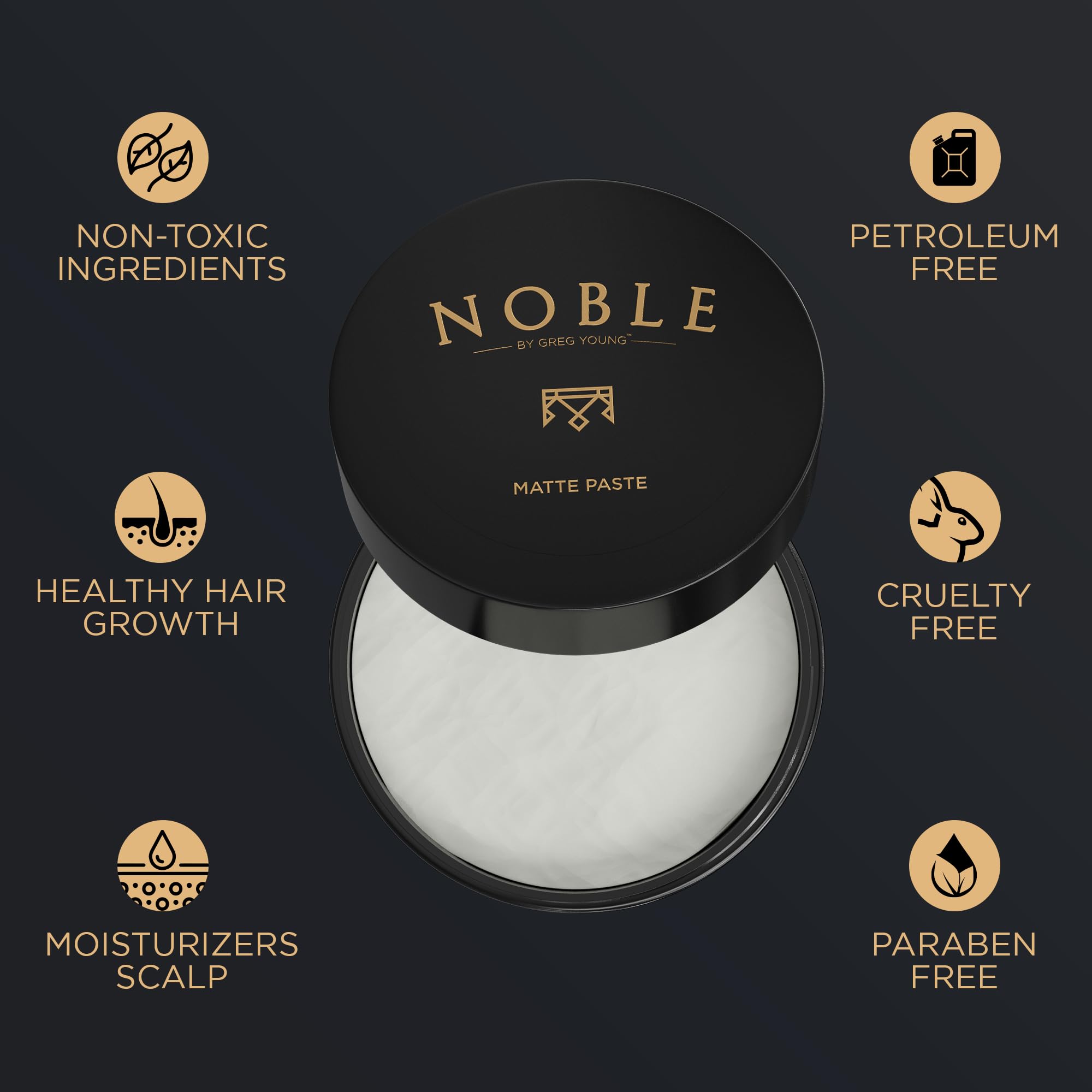 Noble By Greg Young matte paste styled hair showing definition and fullness.