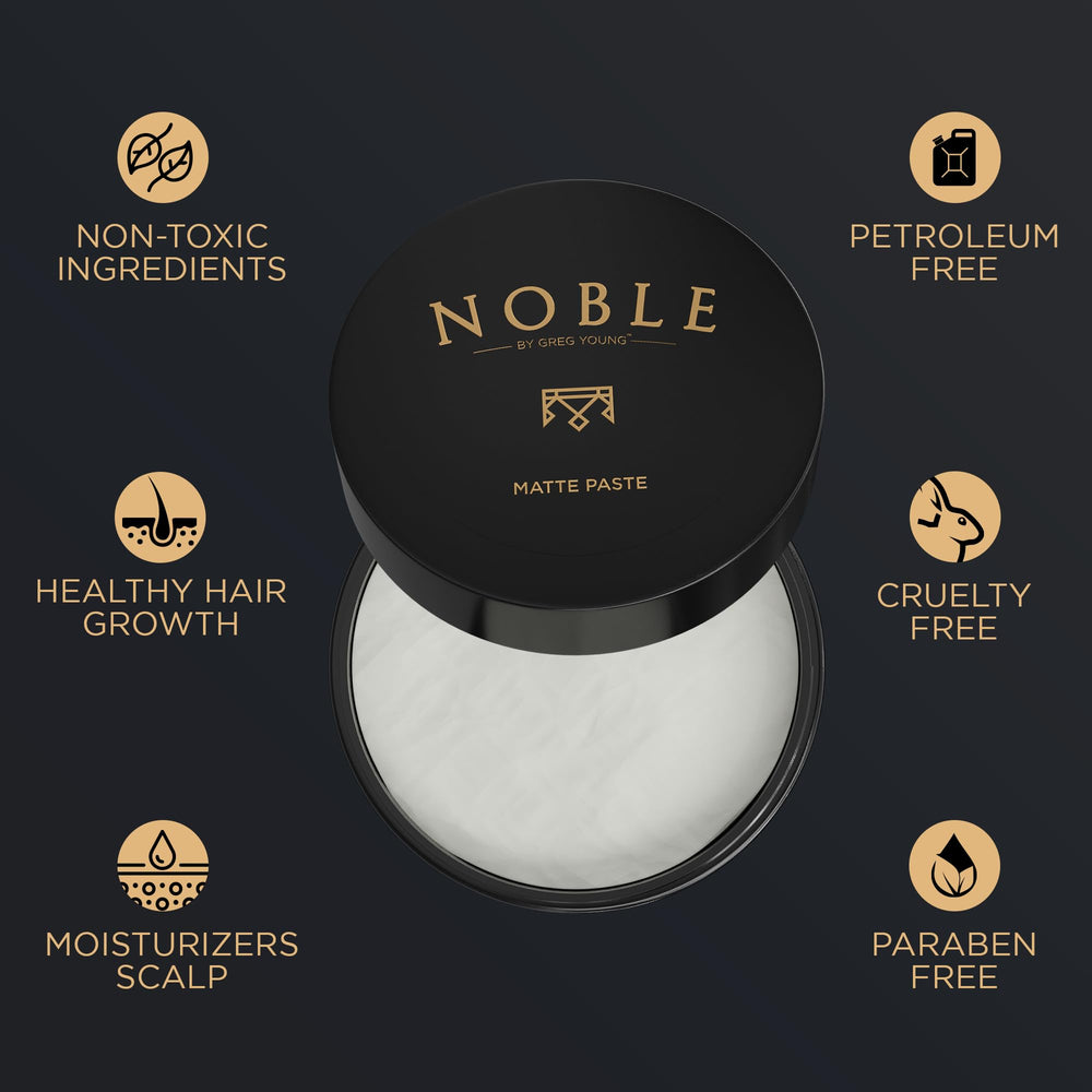 Noble By Greg Young matte paste styled hair showing definition and fullness.