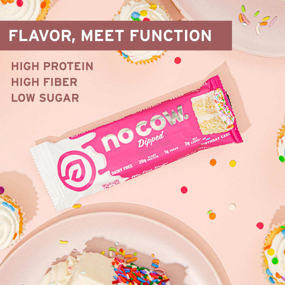 No Cow box on shelf displays keto-friendly, plant-based snack options