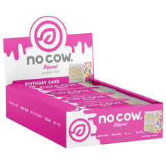 No Cow upgraded birthday cake bar front view showcases packaging and 20g protein