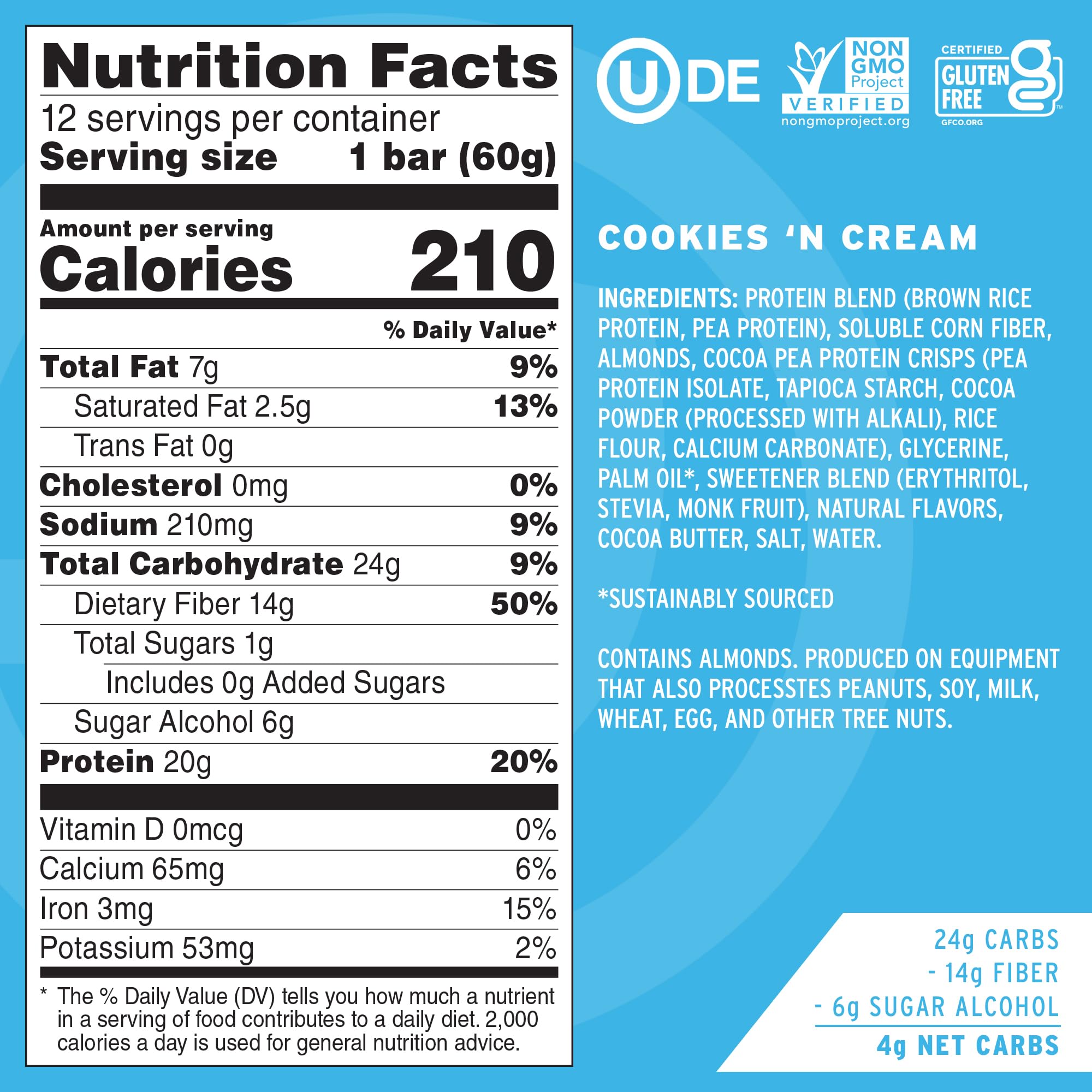 No Cow Upgraded Cookies-n-Cream bar packaging highlights gluten-free and dairy-free benefits