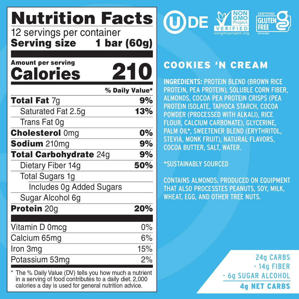 No Cow Upgraded Cookies-n-Cream bar packaging highlights gluten-free and dairy-free benefits