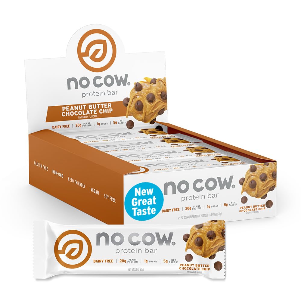 No Cow upgraded peanut butter chocolate chip bar ready for workouts and on-the-go snacking.