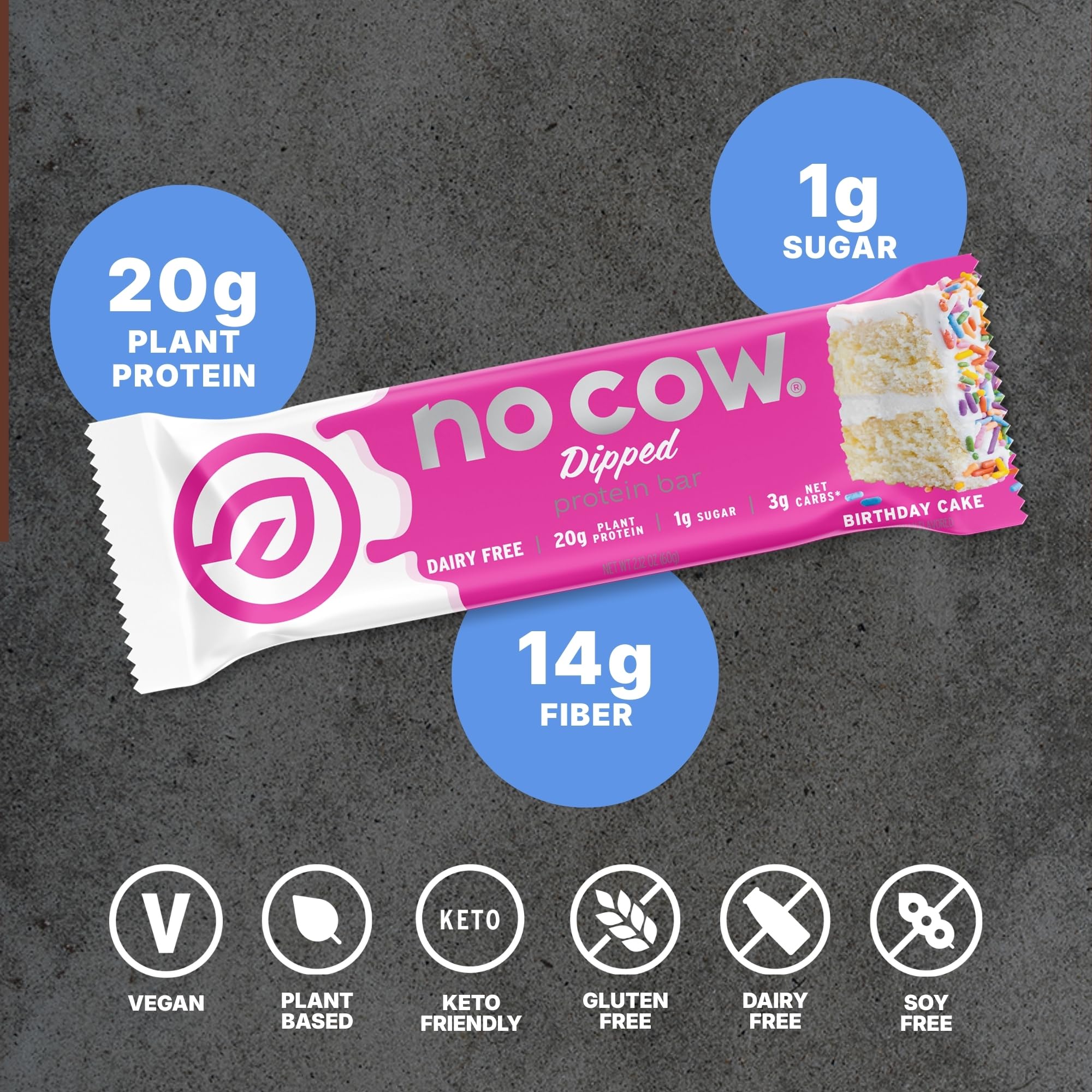 No Cow vegan protein bar ingredients scene emphasizing gluten-free and dairy-free formula