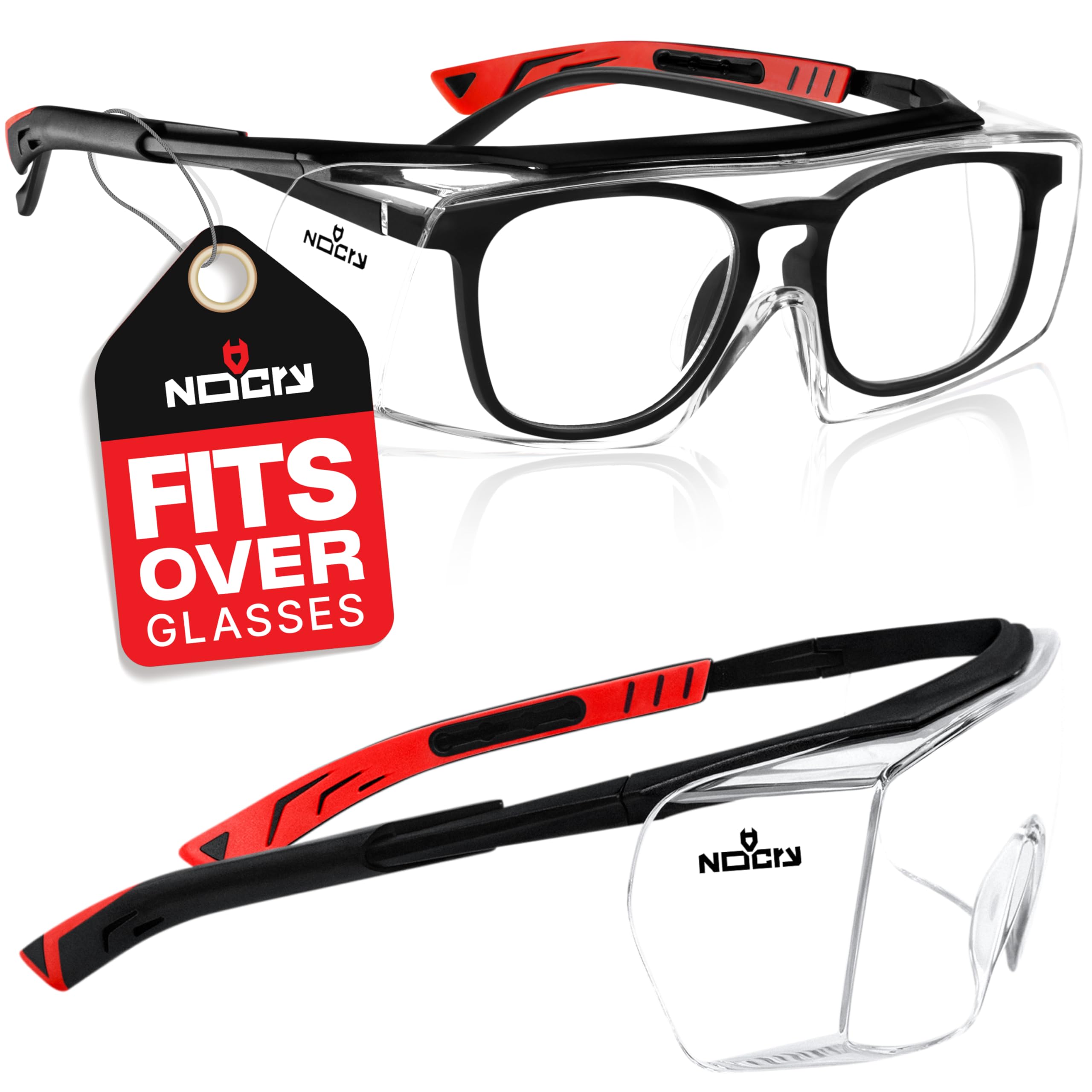 NoCry safety glasses over eyeglasses front view with wraparound protection and clear UV400 lenses.
