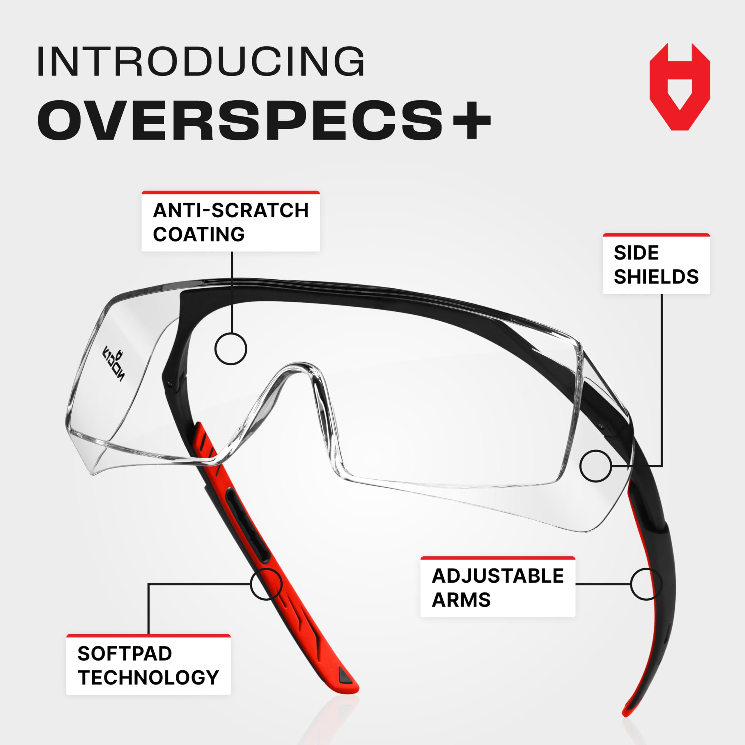 NoCry safety glasses over eyeglasses side view showing side shields and secure fit.