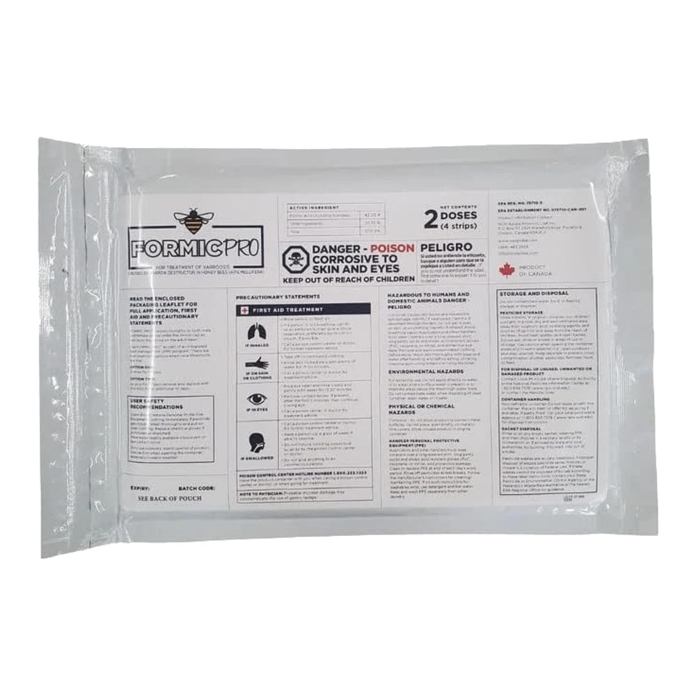 NOD Apiary Formic Pro packaging with two-dose strips for easy hive treatment.