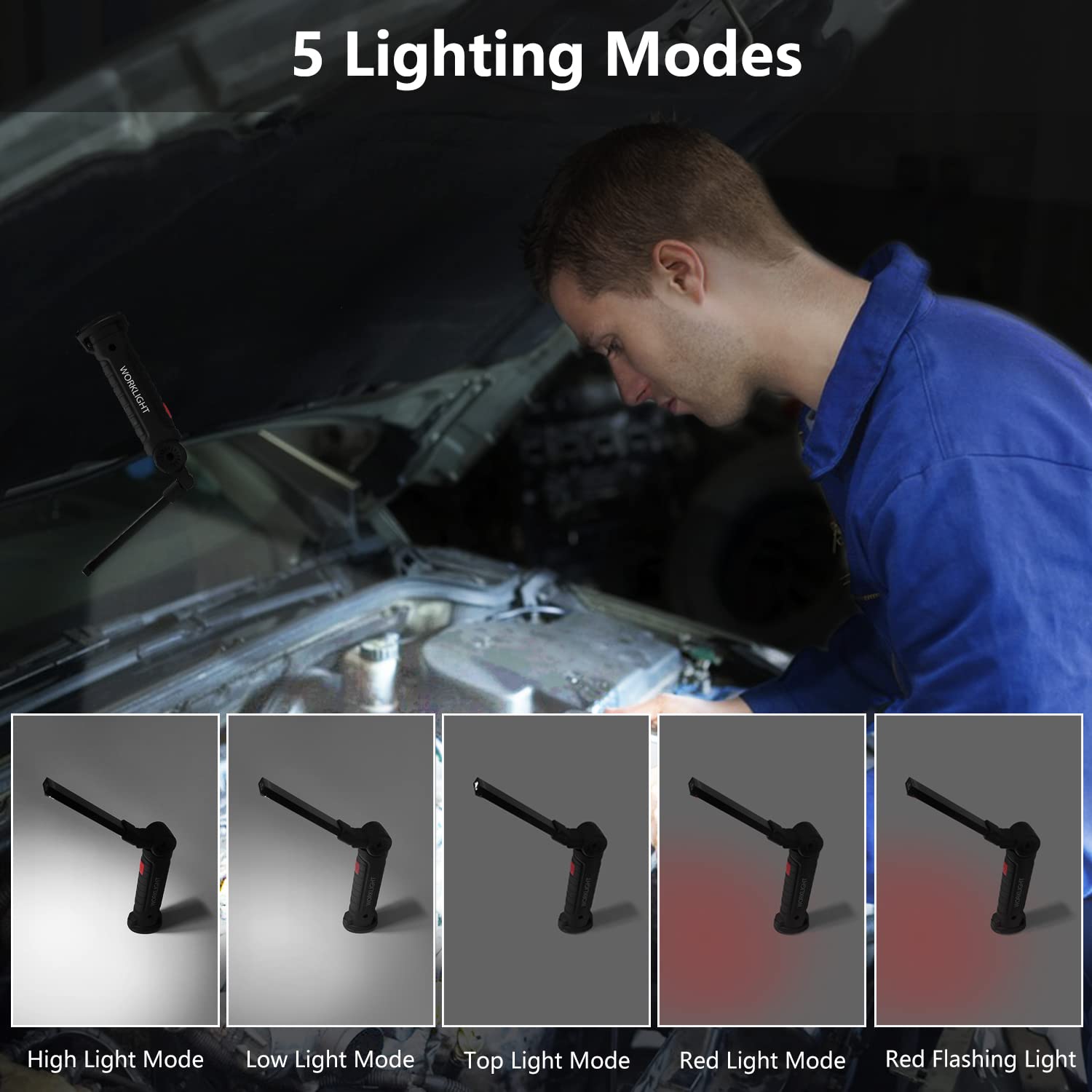 NODINIHU light showing 360-degree rotation to illuminate tight corners.
