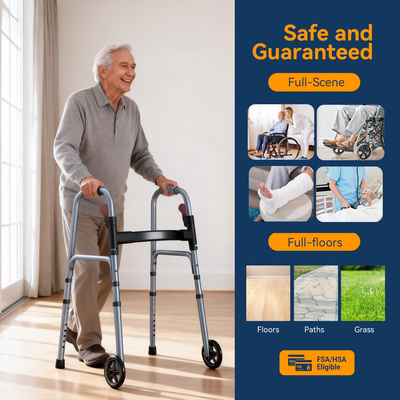 Noerishia folding walker 5-inch front wheels enable smooth turns.
