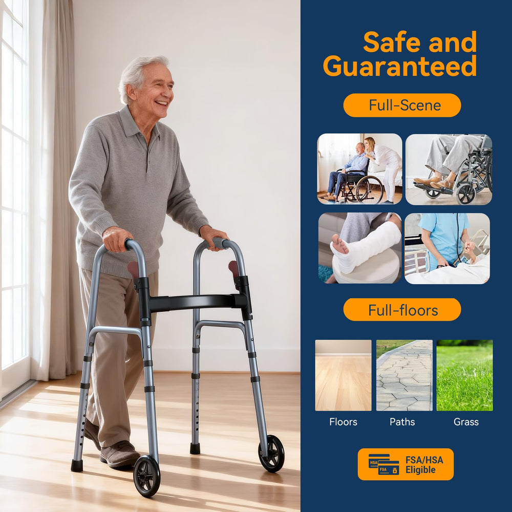 Noerishia folding walker 5-inch front wheels enable smooth turns.