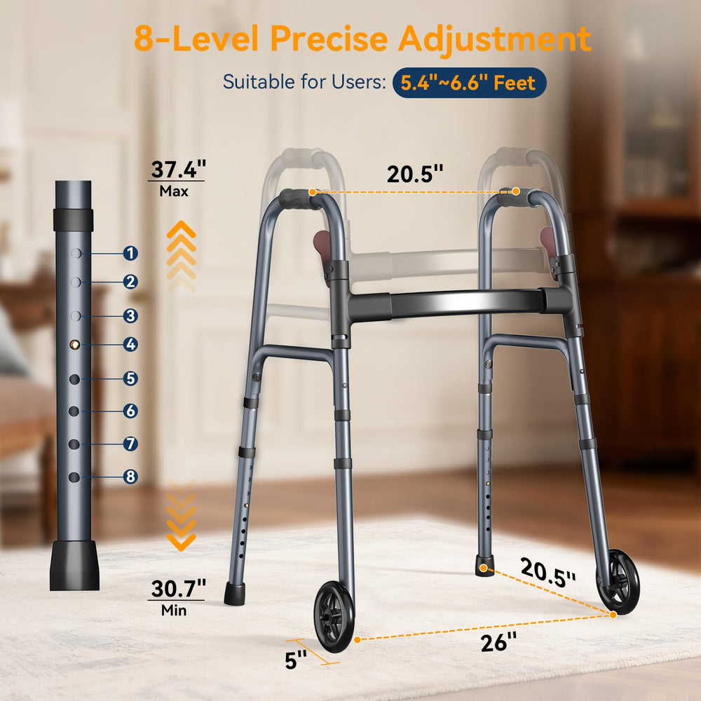 Noerishia folding walker height range 30.7–37.4 inches for varied users.