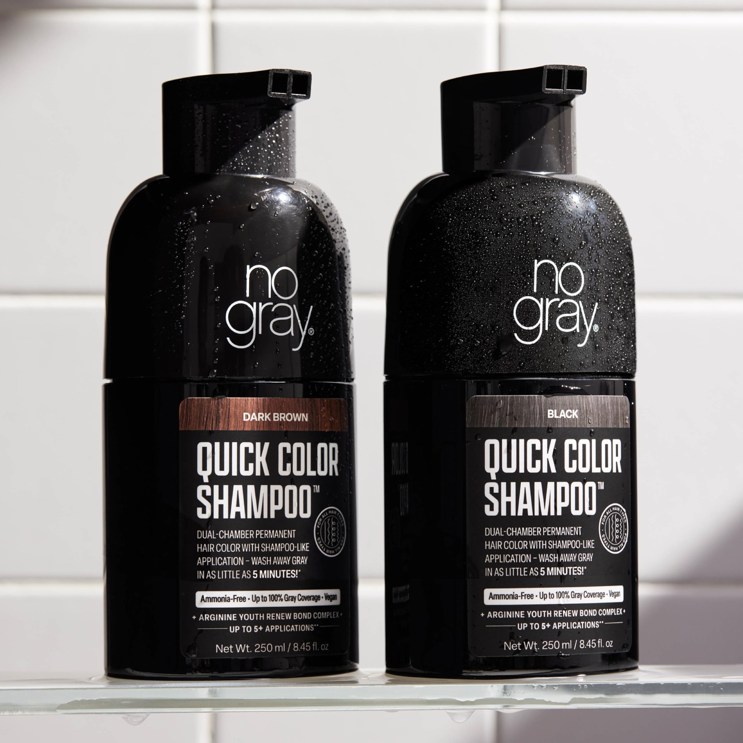 No Gray Quick Color Shampoo bottle pouring to reveal the dual-chamber color mix.