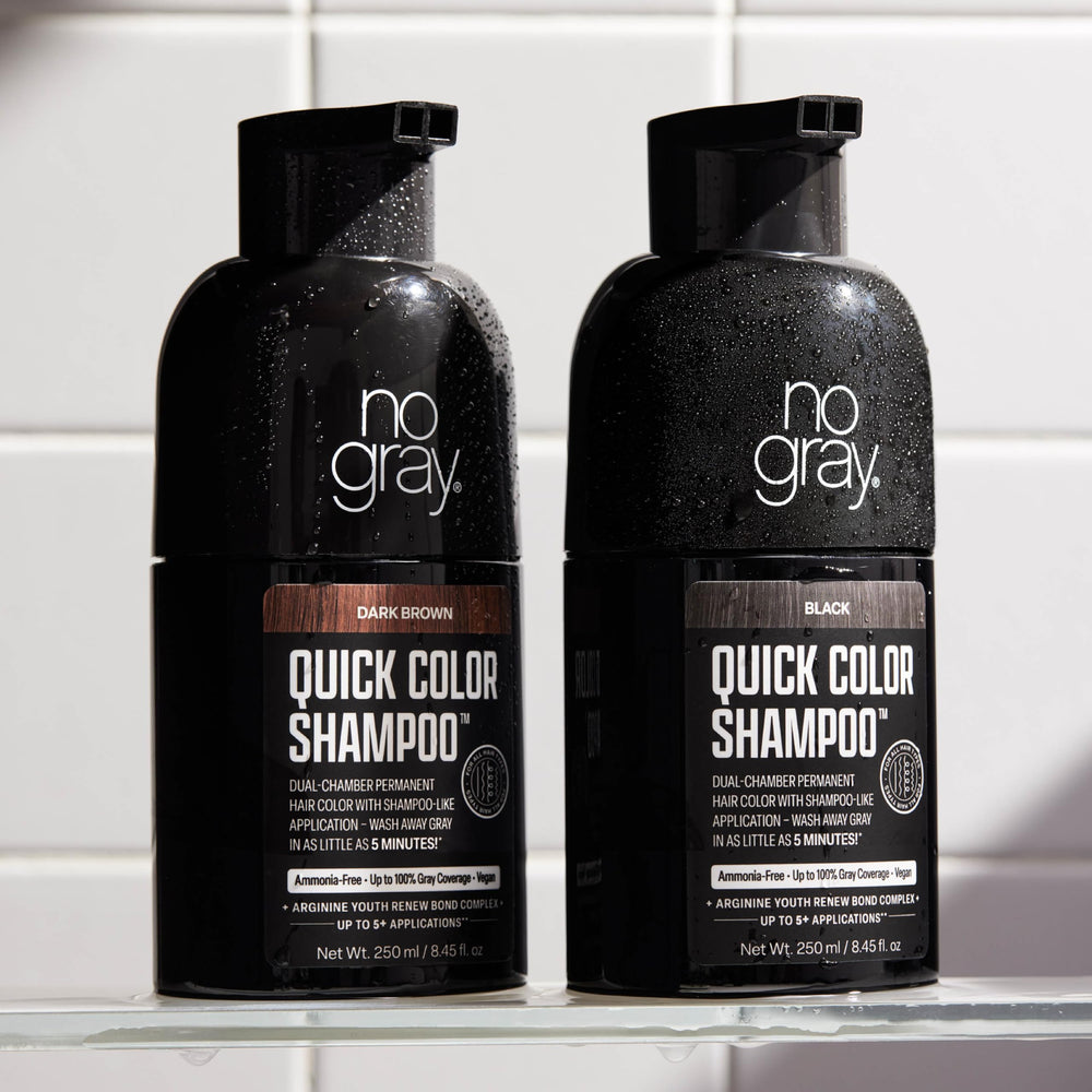 No Gray Quick Color Shampoo bottle pouring to reveal the dual-chamber color mix.