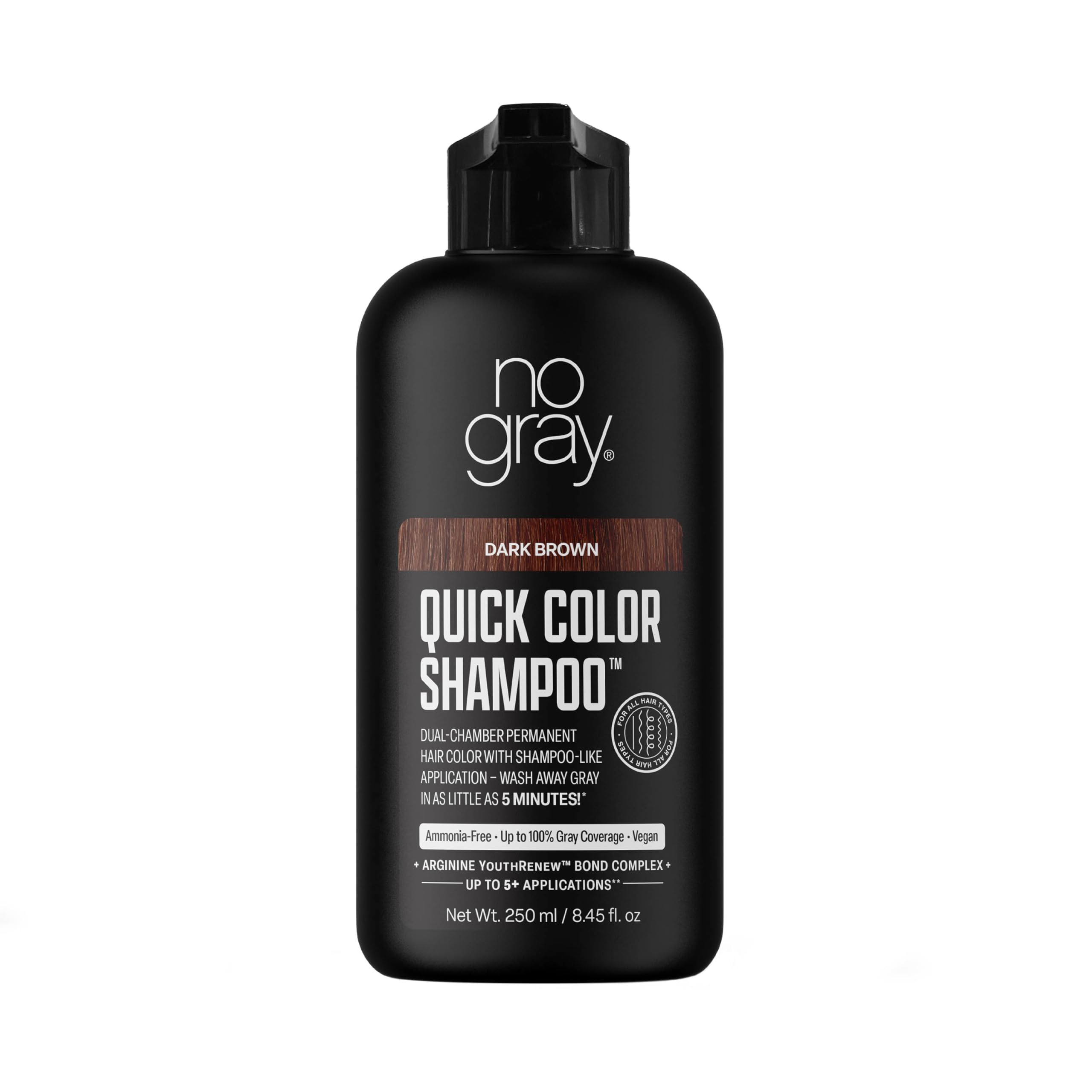 No Gray Quick Color Shampoo bottle with dual-chamber pump for easy gray coverage.