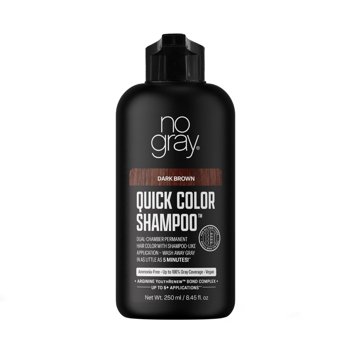 No Gray Quick Color Shampoo bottle with dual-chamber pump for easy gray coverage.