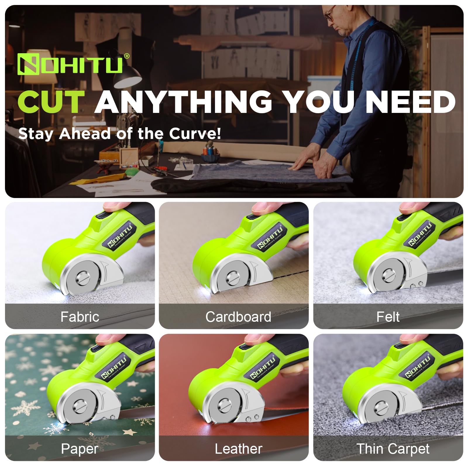 Nohitu cutter slices cardboard up to 0.25 inches for packaging tasks.
