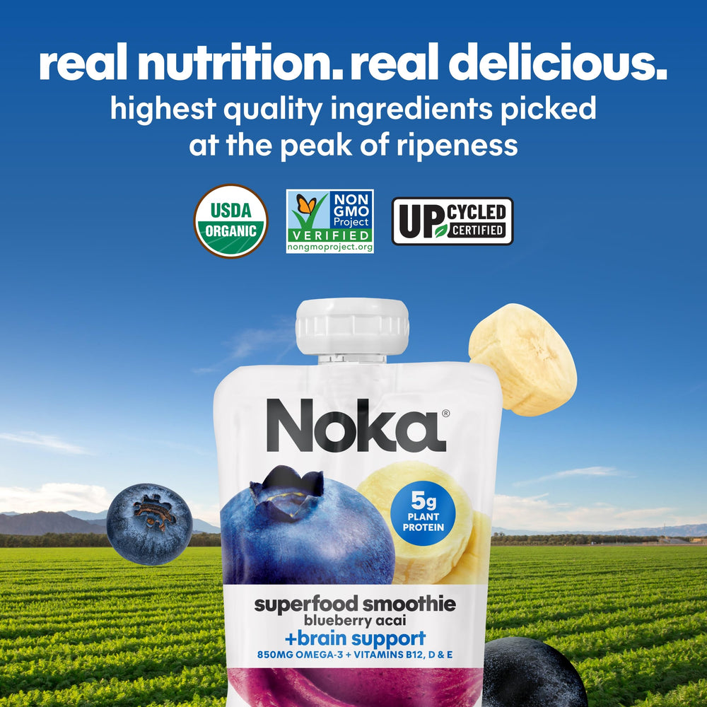 NOKA kid-friendly snack pouch in blueberry acai flavor