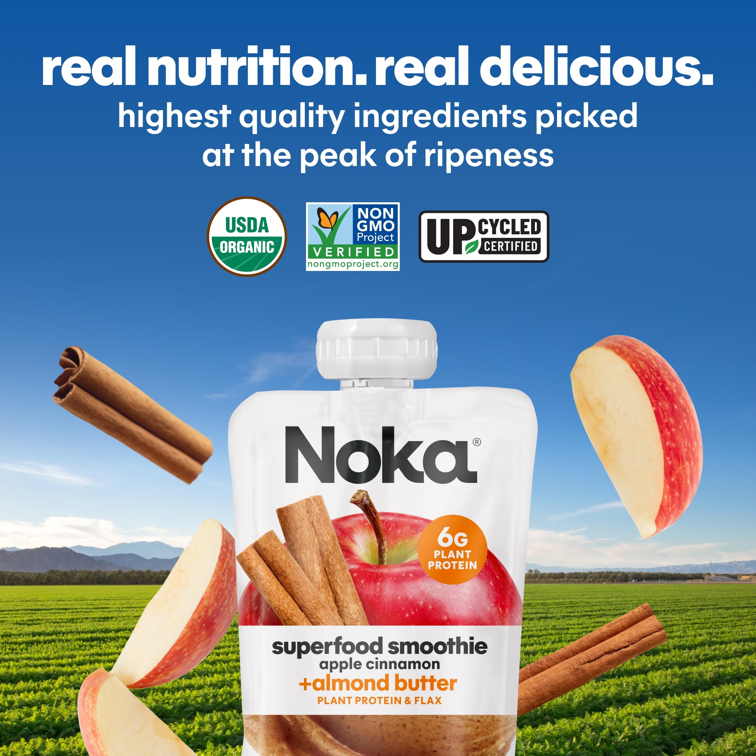 NOKA real fruit blend with apples, bananas, and almond butter.