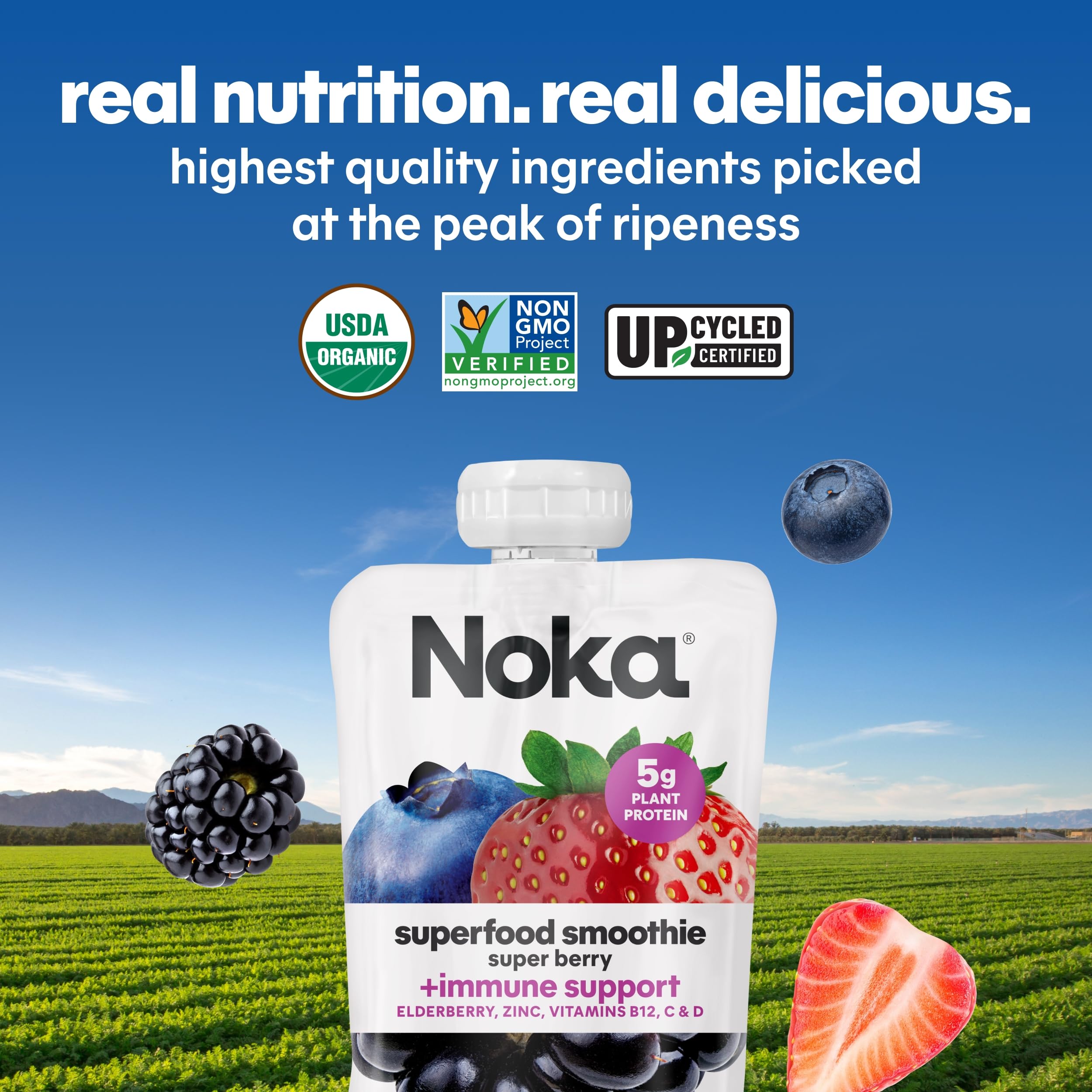 NOKA Smoothie pouch ingredients include flaxseed for omega-3 benefits.