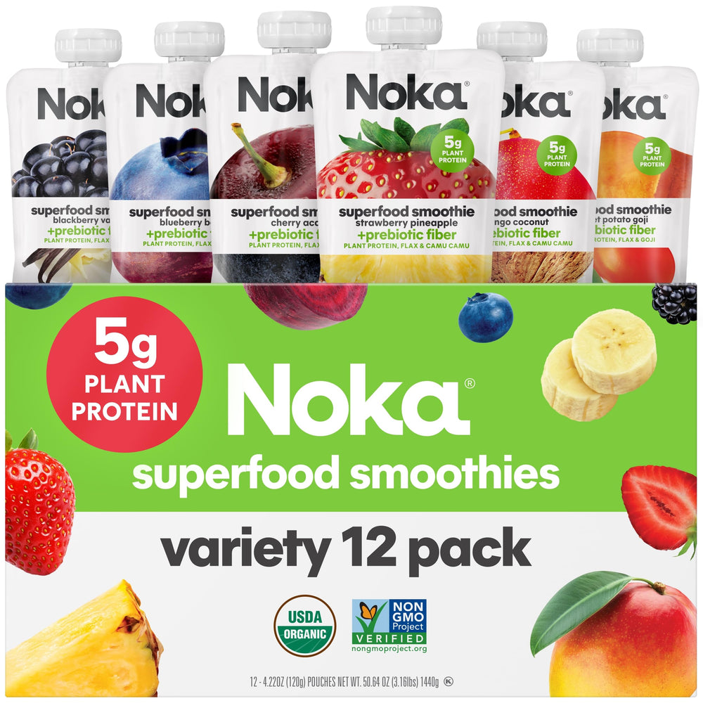 NOKA smoothie pouch Strawberry Pineapple shows a convenient, portable fruit snack for on-the-go lives