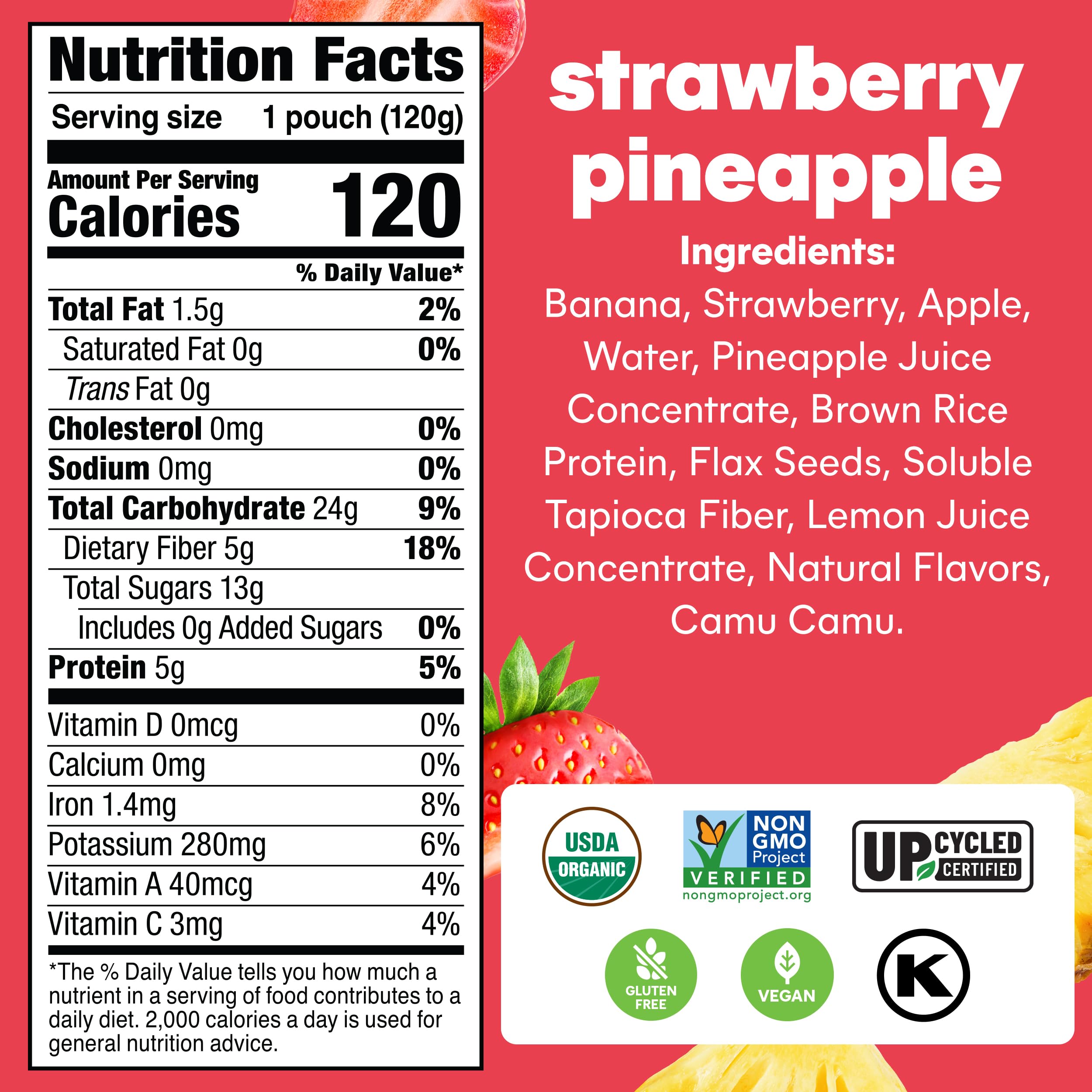 NOKA smoothie pouch close-up showing organic fruit blend label.