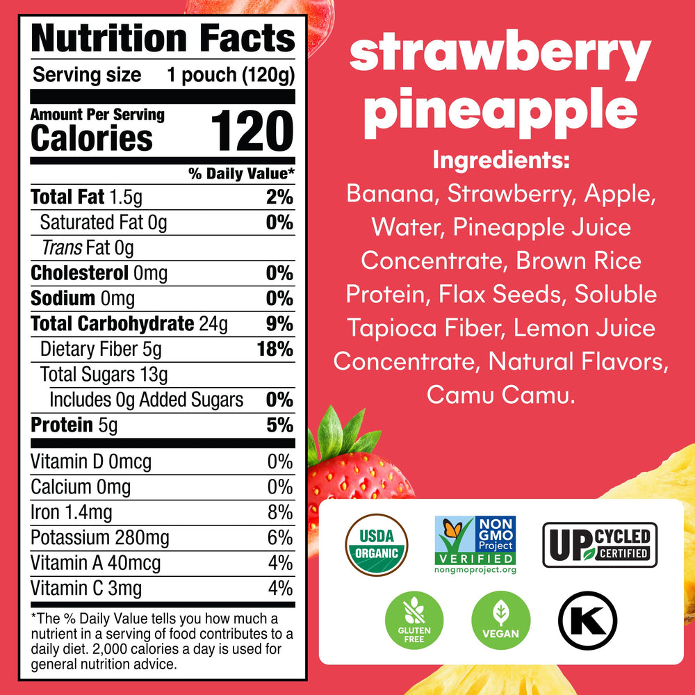 NOKA smoothie pouch close-up showing organic fruit blend label.