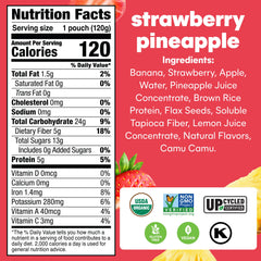 NOKA smoothie pouch close-up showing organic fruit blend label.