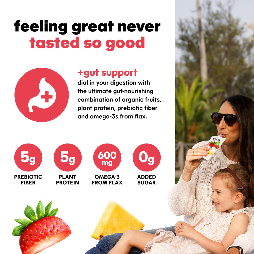 NOKA smoothie pouch poured into a glass for quick serving.