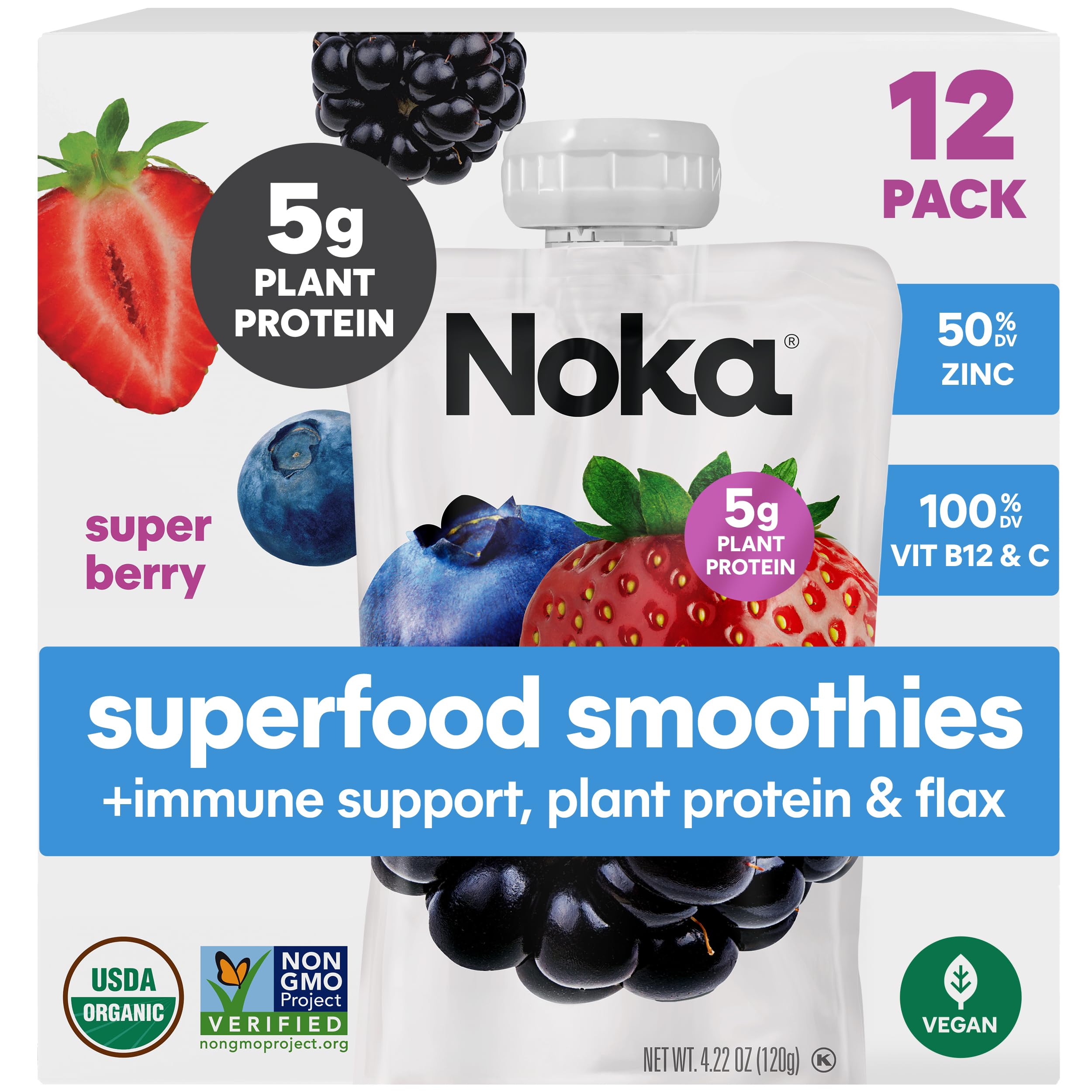 NOKA Superfood Berry Smoothie pouch front view for on-the-go snacking.