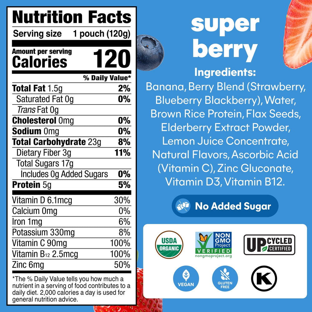 NOKA Berry Smoothie pouch being poured into a cup for quick breakfast.
