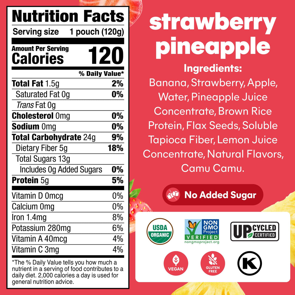 NOKA strawberry pineapple pouch shows portable, kid-friendly snack without added sugar.